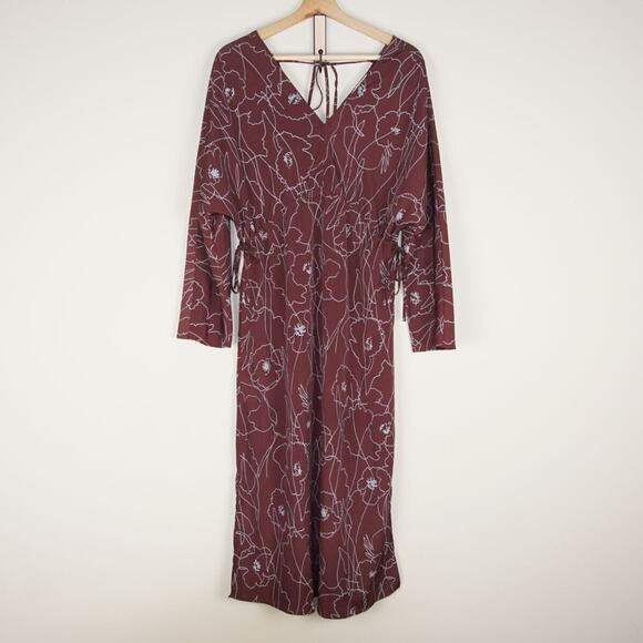 Oak Fort Kimono Cinch Waist Side Slit Floral Dress Maroon Womens Sz S - Picture 1 of 8